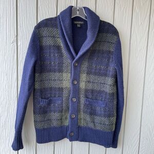 Banana Republic Wool Blend Shawl Collar Cardigan Navy Plaid S/M